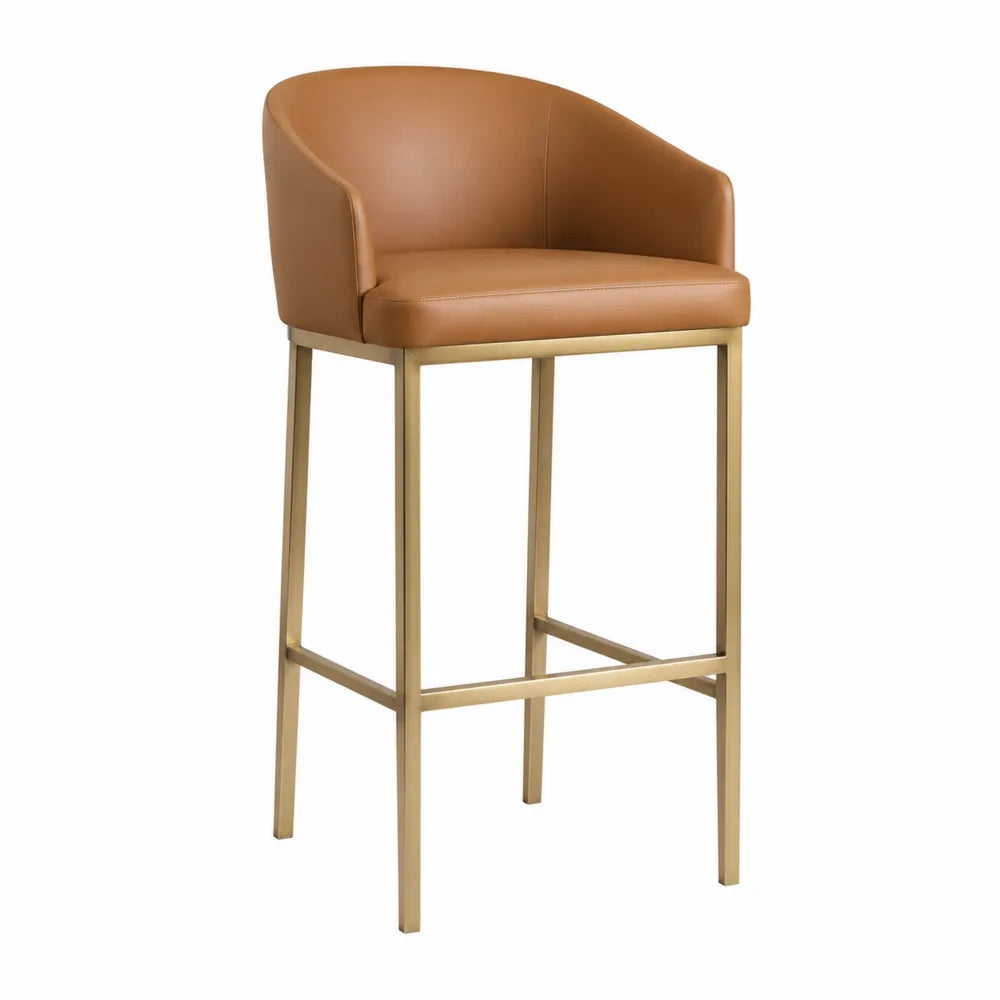 Tabouret de bar avec accoudoirs en polyuréthane cognac et structure en acier doré 56 cm x 54 cm x 91 cm hauteur d’assise 66 cm