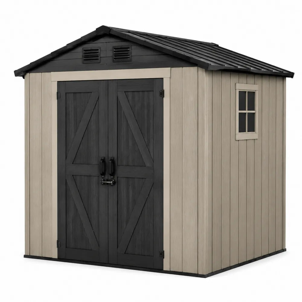 Abri de jardin de rangement extérieur 213 x 191 x 228 cm en polypropylène beige et noir avec double porte et fenêtre latérale