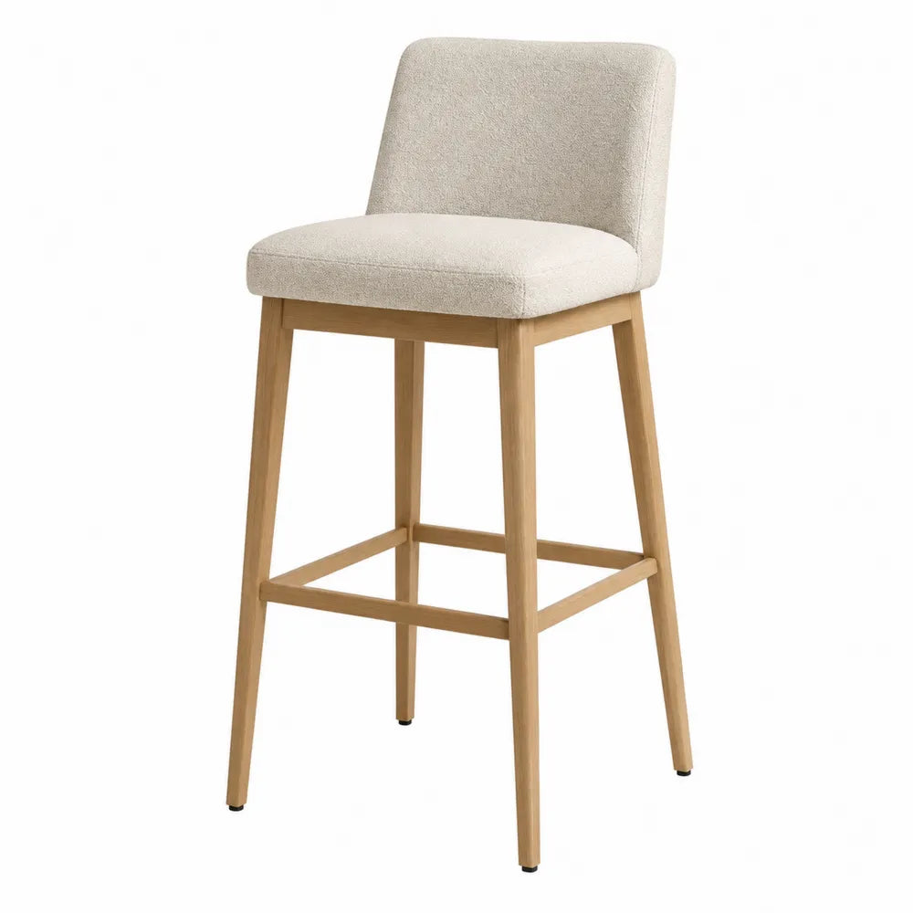 Tabouret de bar en bois clair avec dossier et assise en tissu bouclé beige structure fixe 45 cm x 50 cm x 95 cm