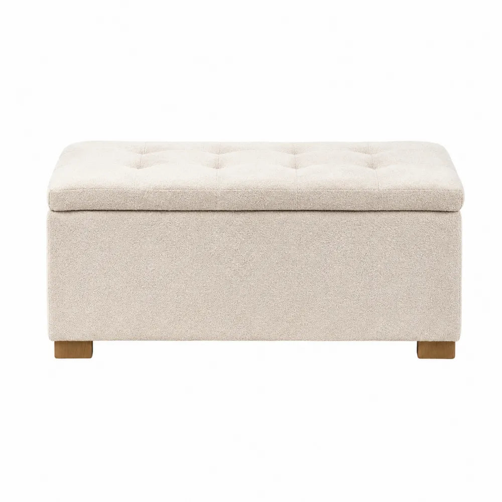 Banc coffre de rangement rectangulaire 100 x 40 x 45 cm revêtement polyester bouclé écru pieds bois d’hévéa naturel