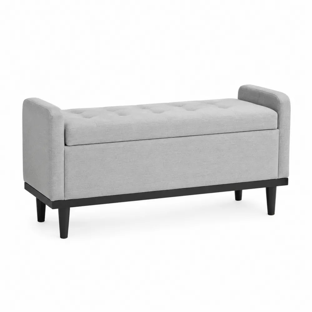 Banc coffre rectangulaire en tissu polyester gris avec accoudoirs latéraux et rangement 120 x 42 x 50 cm