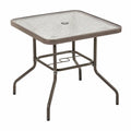 Table de jardin carrée en verre trempé texturé et acier bronze 90 x 90 x 72 cm avec trou pour parasol