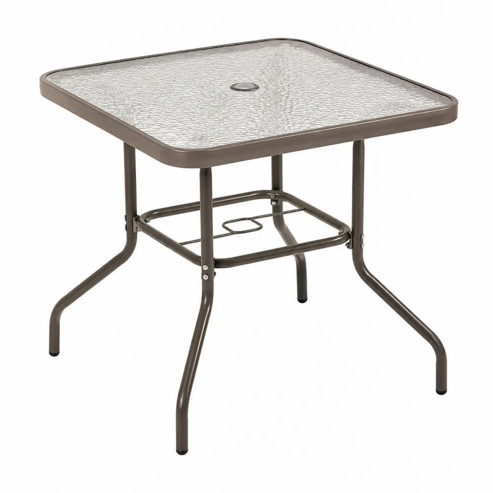 Table de jardin carrée en verre trempé texturé et acier bronze 90 x 90 x 72 cm avec trou pour parasol