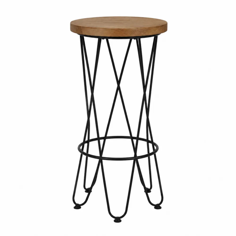 Tabouret de bar en bois naturel et acier noir avec repose-pieds circulaire assise ronde 45 cm x 45 cm x 75 cm