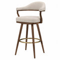 Tabouret de bar fixe avec dossier en tissu bouclé écru structure en bois naturel repose-pieds laiton 45 cm x 50 cm x 95 cm
