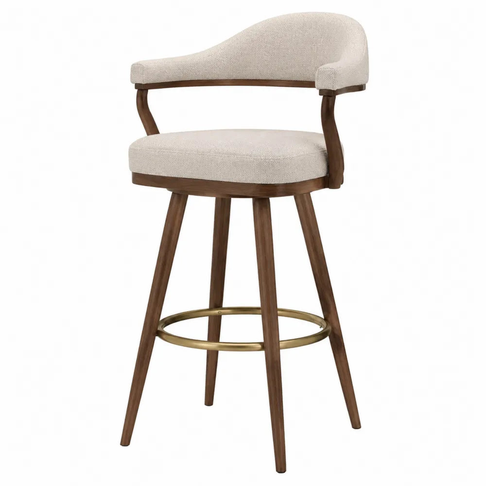 Tabouret de bar fixe avec dossier en tissu bouclé écru structure en bois naturel repose-pieds laiton 45 cm x 50 cm x 95 cm