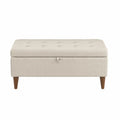 Banc coffre rectangulaire capitonné en polyester écru avec pieds en bois d’hévéa massif 100 x 40 x 45 cm