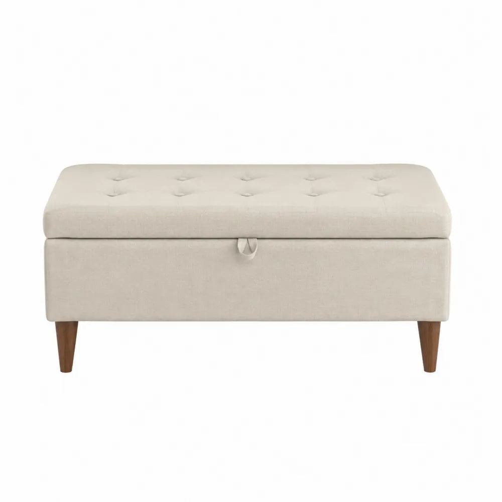Banc coffre rectangulaire capitonné en polyester écru avec pieds en bois d’hévéa massif 100 x 40 x 45 cm