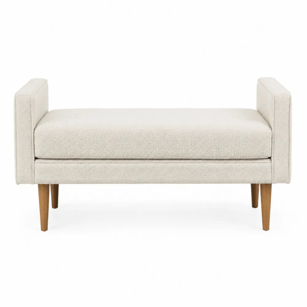 Banc de chambre rectangulaire avec accoudoirs 140 x 45 x 65 cm polyester bouclé écru pieds en bois d’hévéa massif naturel