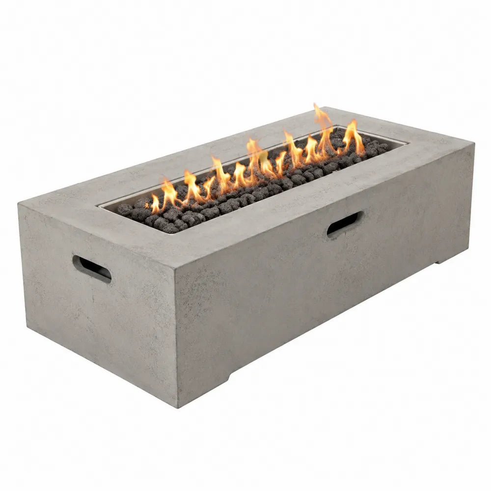 Table brasero extérieure rectangulaire à gaz en béton composite gris avec brûleur acier inoxydable