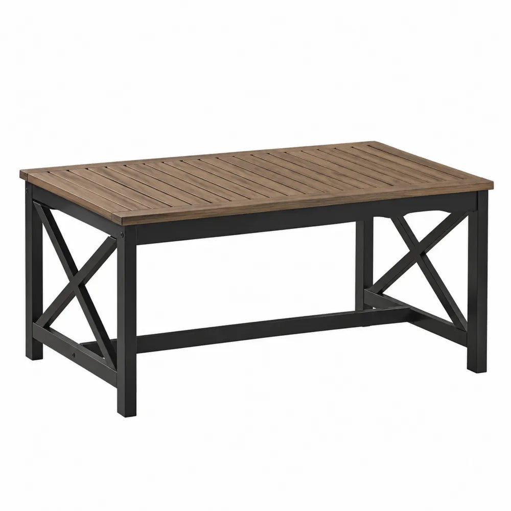 Table de jardin rectangulaire en bois d’acacia et acier thermolaqué noir plateau marron 160 cm x 90 cm x 75 cm