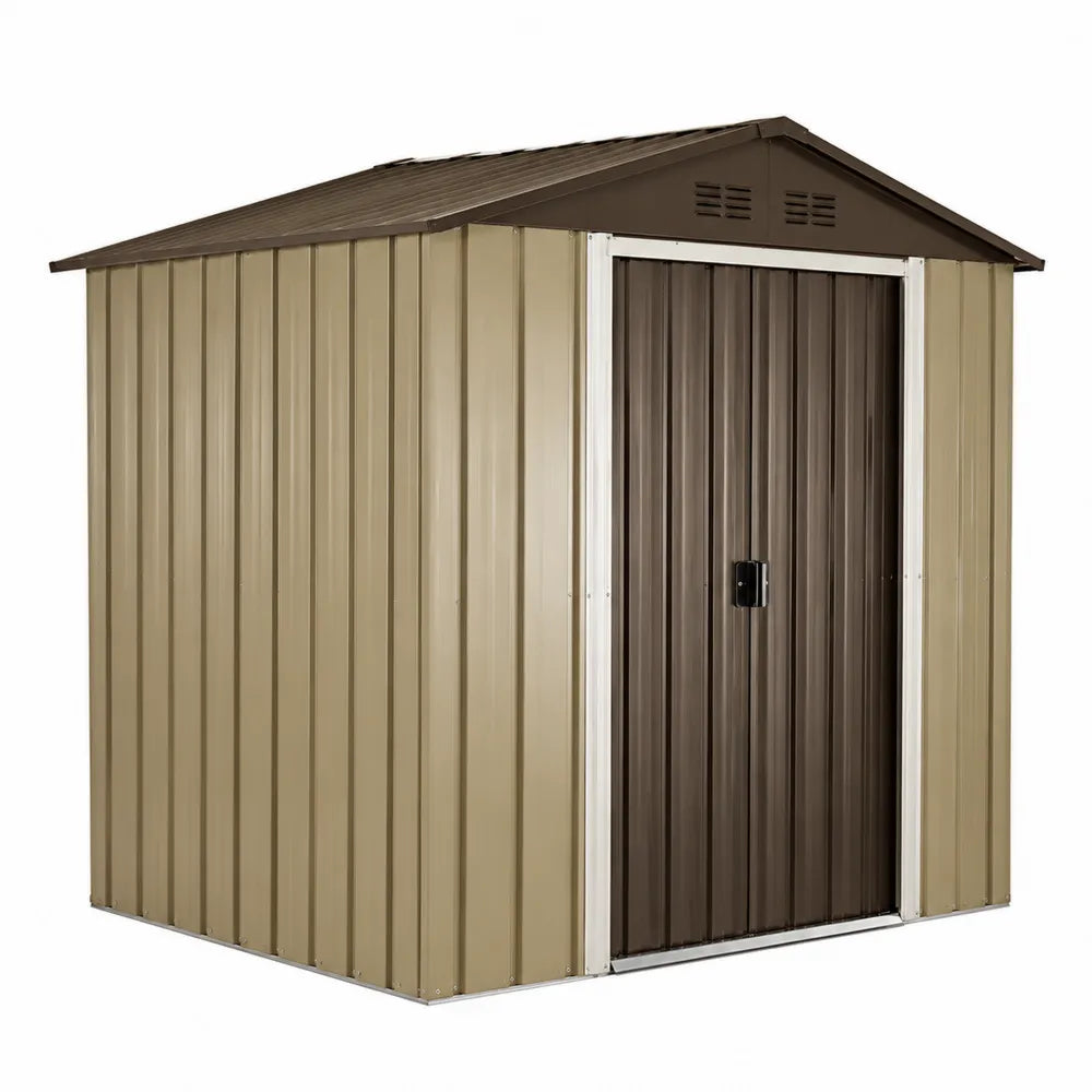 Abri de jardin extérieur en acier galvanisé beige et brun avec toit à deux pentes et porte coulissante 220 x 200 x 200 cm