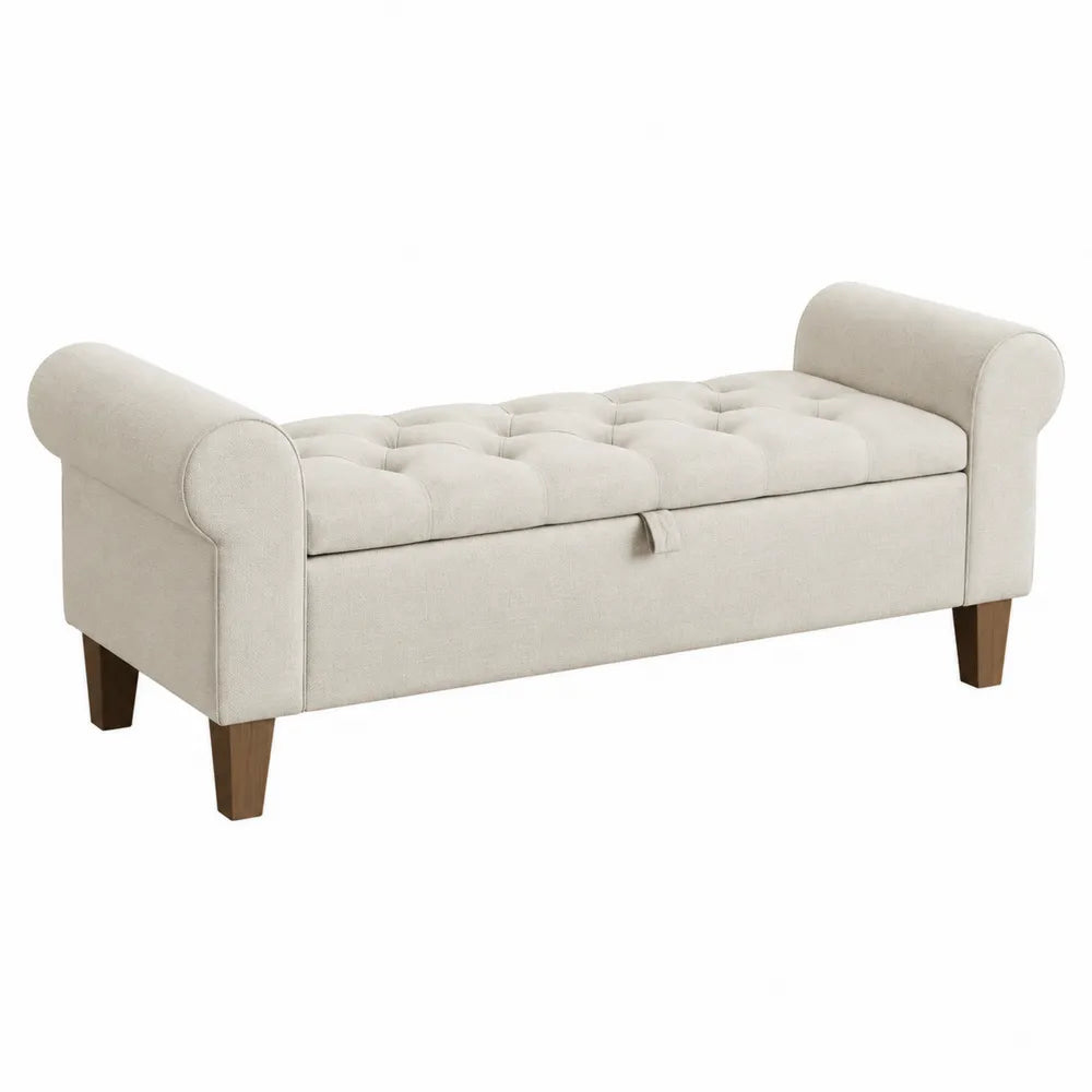 Banc coffre de chambre capitonné avec accoudoirs 120 x 43 x 58 cm polyester bouclé écru pieds en bois d’hévéa naturel