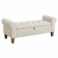 Banc coffre de chambre capitonné avec accoudoirs 120 x 43 x 58 cm polyester bouclé écru pieds en bois d’hévéa naturel