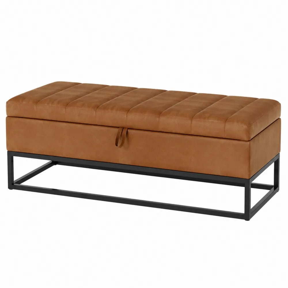 Banc coffre rectangulaire 120 x 40 x 45 cm revêtement PU cognac structure acier noir