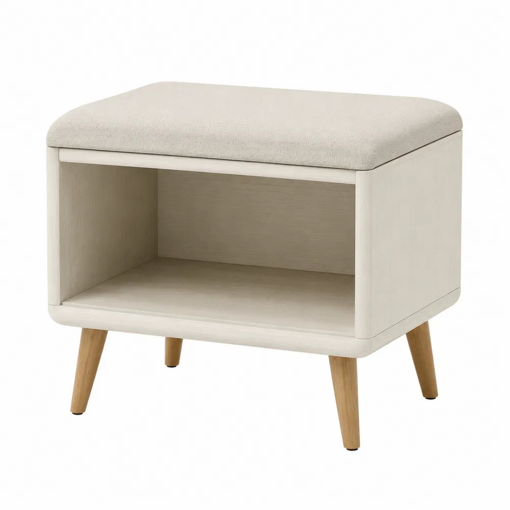 Banc de chambre avec niche de rangement 75 x 40 x 50 cm MDF mélaminé chêne blanchi coussin polyester beige pieds bois d’hévéa naturel