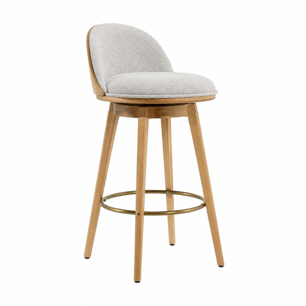 Tabouret de bar avec dossier en tissu gris et pieds en bois naturel avec repose-pieds circulaire doré