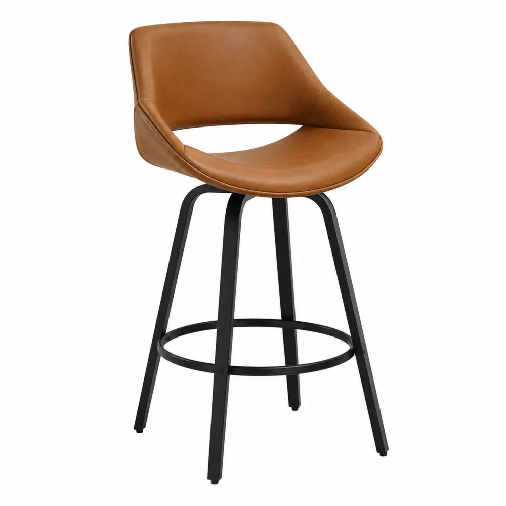 Tabouret de bar avec dossier en PU cognac et piètement en acier noir 54 cm x 52 cm x 94 cm