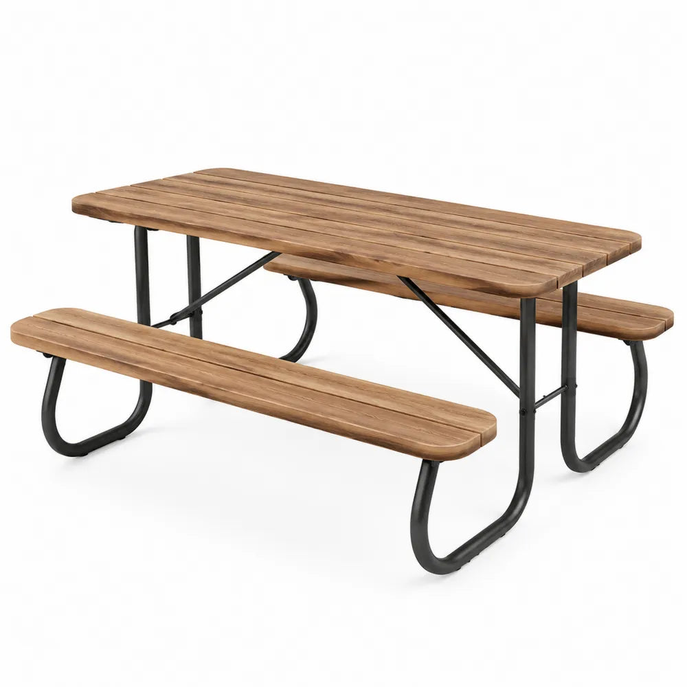 Table de pique-nique rectangulaire en bois d’acacia massif et acier noir avec bancs intégrés 180 cm x 145 cm x 74 cm