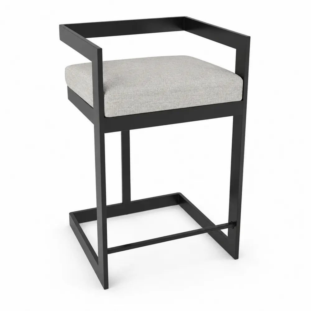 Tabouret de bar avec accoudoirs en acier noir et assise rembourrée tissu polyester gris 50 x 48 x 86 cm