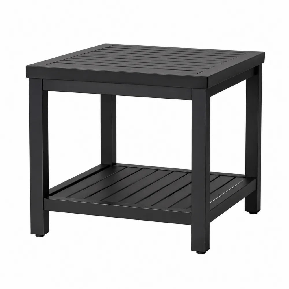 Table de jardin carrée en acier noir 60 x 60 x 55 cm à deux niveaux plateau à lattes
